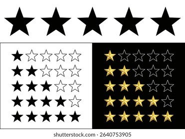 Vector Set of Five Star Rating Icons. Gold and Black Stars from 1 to 5. Isolated on White Background for Review, Score, and Feedback Designs