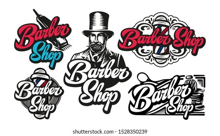 Vector set of five vector templates for barbershop. Elements for the design of advertisements or signboards for the salon.