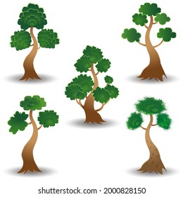 Vector set of five trees. Evergreen, natural, live pines. Instagram elements, stories, highlights, icons. Illustration for decoration.