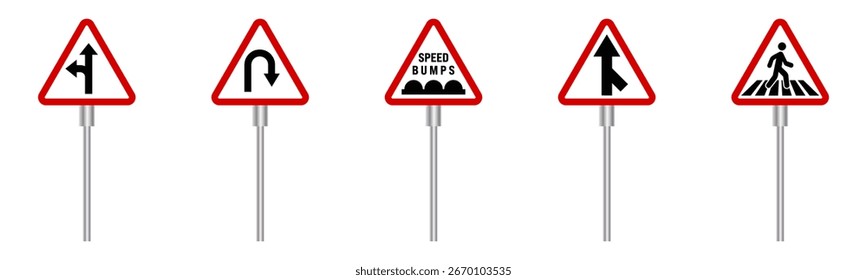 Vector set of five triangular road and traffic signs, featuring warning symbols for situations like merging traffic, speed bumps, and pedestrian crossings, ideal for transportation-themed designs.