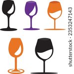 Vector set of five wine glasses. Vector isolated elements. Different stages of fullness. Illustration isolated on white background.