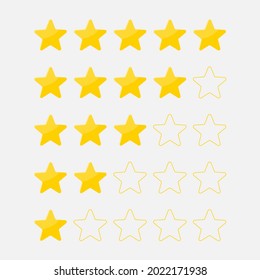 Vector set of five yellow stars for rating. Rank symbol. Feedback indicator 