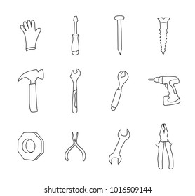 Vector set of fix instruments for kids drawing. Monochrome illustrations of hand drawn construction tools. Child educational game page.