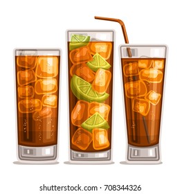 Vector set of fizzy Drinks: 3 glossy glasses with alcohol cocktail cuba libre, cubes of ice in highball with cola, sliced lime in long island iced tea, cold cocktail whisky cola with straw on white.