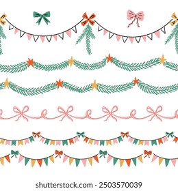 Vector set of flag garland, xmas branches and bows for Greeting card and banner design. Festive collection of decorative elements for celebrating the new year, Christmas, birthday and other holiday.  