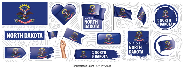 Vector set of flags of the American state of North Dakota in different designs