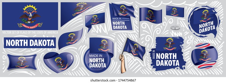 Vector set of flags of the American state of North Dakota in different designs