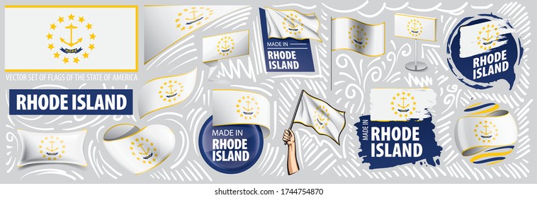 Vector set of flags of the American state of Rhode island in different designs