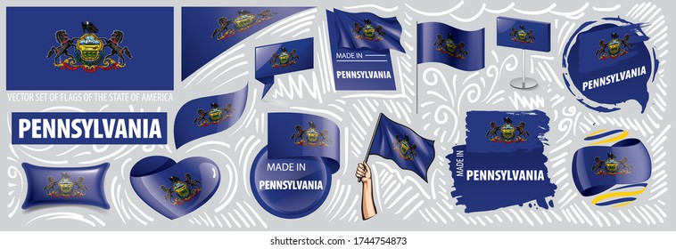 Vector set of flags of the American state of Pennsylvania in different designs