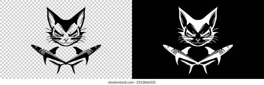 Vector set of flags. Angry pirate cat with shark skeletons. Funny emblem or label.