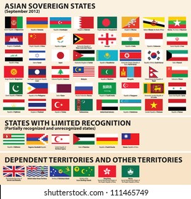 Vector set of Flags of Asian sovereign states (September 2012) Including Abkhazia, Nagorno-Karabakh, NorthernÃ?Â Cyprus, Palestine, South Ossetia, Taiwan...