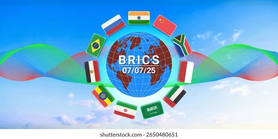 Vector set of flags. Brazil, Russia, India, China, South Africa, Egypt, Ethiopia, Iran, Saudi Arabia, UAE and Indonesia. BRICS july 7, 2025. Planet Earth and pattern on cloudy sky