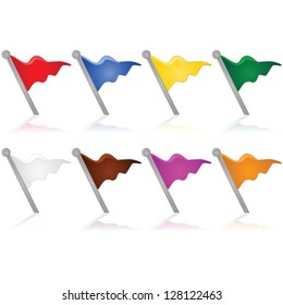 Vector set with flags of different colors being reflected over a white background