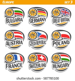 Vector set Flags of European Countries with Basketball Ball: Logo national basketball Teams, Sport group countries of Europe, icons european flag fiba team with orange ball, logo sport flags of europe