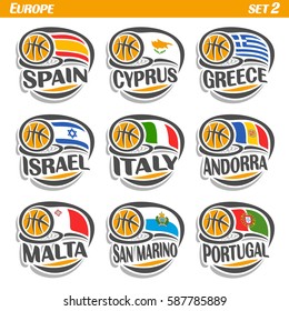 Vector set Flags of European Countries with Basketball Ball: Logo national basketball Teams, Sport group countries of Europe, icons european flag fiba team with orange ball, logo sport flags of europe