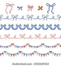 Vector set of flags, garland and bow knots for design. Festive collection of decorative elements for celebrating the new year, Christmas, birthday and other holidays. Greeting card and banner template