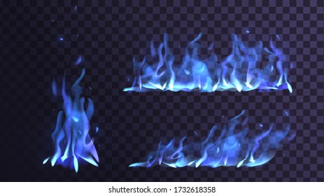 Vector set flame and bonfire on a transparent background, blue fire