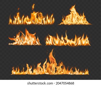 Vector set flame and bonfire on a transparent background. 