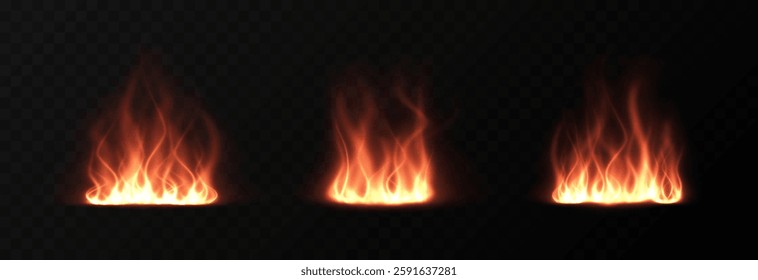 Vector set of flame elements png. Fire on isolated transparent background.