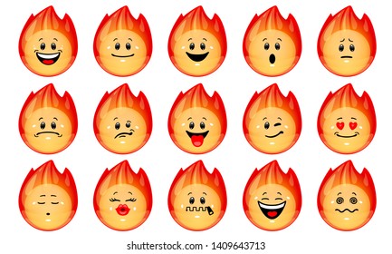 Vector set of flame emoticons. Collection of hot fire shapes with different facial emotions in cartoon style