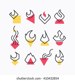 Vector set of flame and fire symbols, isolated signs. 