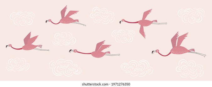 Vector set with flamingos. Flamingos flying on a pink sky with white clouds. Hand drawn illustration.