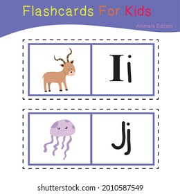 Vector set of flashcards for kids with cute animal themes. Alphabet for kid education. Learn letters with funny zoo animals for kids. Childish Vector ABC Poster for Preschool Education. 