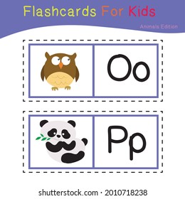Vector set of flashcards for kids with cute animal themes. Alphabet for kid education. Learn letters with funny zoo animals for kids. Childish Vector ABC Poster for Preschool Education.