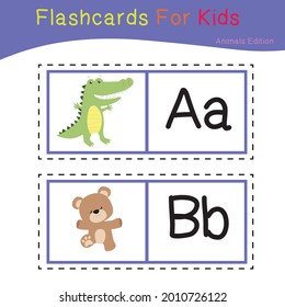 Juego de vectores de tarjetas para niños con adorables temas animales. Alfabeto para la educación infantil. Aprende cartas con animales divertidos del zoológico para los niños. Afiche del Vector Infantil ABC para la educación preescolar.