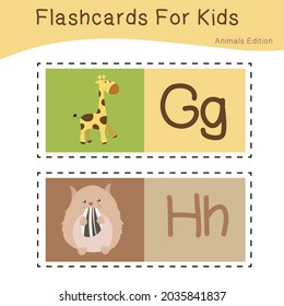 Vector set of flashcards for kids with cute animal themes. Alphabet for kid education. Learn letters with funny zoo animals for kids. Vector illustration.