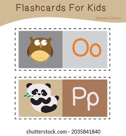 Vector set of flashcards for kids with cute animal themes. Alphabet for kid education. Learn letters with funny zoo animals for kids. Vector illustration.