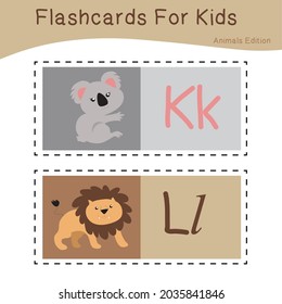 Vector set of flashcards for kids with cute animal themes. Alphabet for kid education. Learn letters with funny zoo animals for kids. Vector illustration.