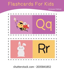 Juego de vectores de tarjetas para niños con adorables temas animales. Alfabeto para la educación infantil. Aprende cartas con animales divertidos del zoológico para los niños. Ilustración vectorial.