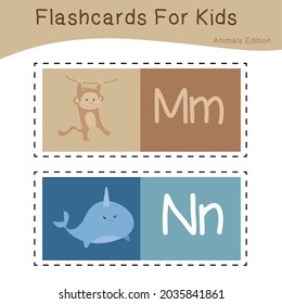 Vector set of flashcards for kids with cute animal themes. Alphabet for kid education. Learn letters with funny zoo animals for kids. Vector illustration.