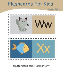 Vector set of flashcards for kids with cute animal themes. Alphabet for kid education. Learn letters with funny zoo animals for kids. Vector illustration.
