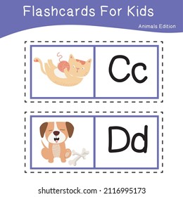Vector set of flashcards for kids with cute animal themes. Alphabet for kid education. Learn letters with funny zoo animals for kids. Childish Vector ABC Poster for Preschool Education.