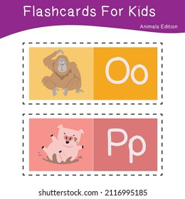 Vektorset mit Taschenkarten für Kinder mit süßen Tierthemen. Alphabet für Kindererziehung. Lernen Sie Briefe mit lustigen Zootieren für Kinder. Childish Vector ABC Poster für Vorschulbildung.