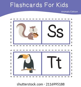 Vector set of flashcards for kids with cute animal themes. Alphabet for kid education. Learn letters with funny zoo animals for kids. Childish Vector ABC Poster for Preschool Education.
