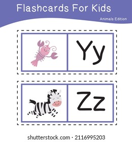 Vector set of flashcards for kids with cute animal themes. Alphabet for kid education. Learn letters with funny zoo animals for kids. Childish Vector ABC Poster for Preschool Education.