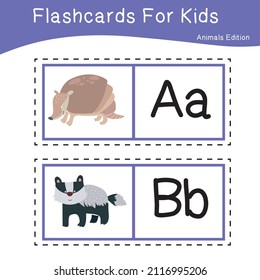 Vector set of flashcards for kids with cute animal themes. Alphabet for kid education. Learn letters with funny zoo animals for kids. Childish Vector ABC Poster for Preschool Education.