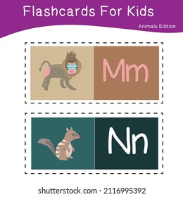 Vektorset mit Taschenkarten für Kinder mit süßen Tierthemen. Alphabet für Kindererziehung. Lernen Sie Briefe mit lustigen Zootieren für Kinder. Childish Vector ABC Poster für Vorschulbildung.