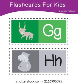 Vektorset mit Taschenkarten für Kinder mit süßen Tierthemen. Alphabet für Kindererziehung. Lernen Sie Briefe mit lustigen Zootieren für Kinder. Childish Vector ABC Poster für Vorschulbildung.