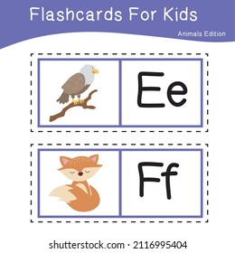 Vector set of flashcards for kids with cute animal themes. Alphabet for kid education. Learn letters with funny zoo animals for kids. Childish Vector ABC Poster for Preschool Education.