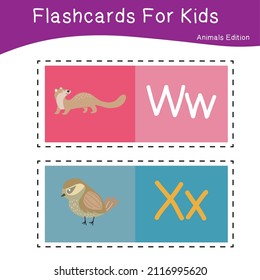 Vector set of flashcards for kids with cute animal themes. Alphabet for kid education. Learn letters with funny zoo animals for kids. Childish Vector ABC Poster for Preschool Education.