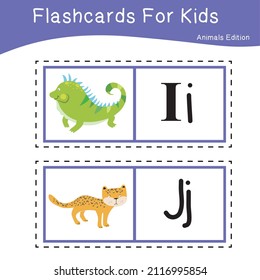 Vector set of flashcards for kids with cute animal themes. Alphabet for kid education. Learn letters with funny zoo animals for kids. Childish Vector ABC Poster for Preschool Education.