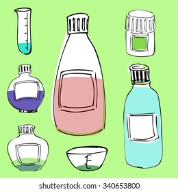 vector set of flasks, jars, beaker, bottle