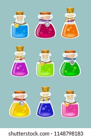 vector set of flasks with stoppers and medallions of different shapes with a substance of different colors inside