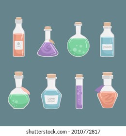 Vector set of flasks of various shapes. Vessels for liquid. Colored Halloween elements