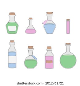 Vector set of flasks of various shapes. Vessels for liquid. Colored Halloween or medicine elements