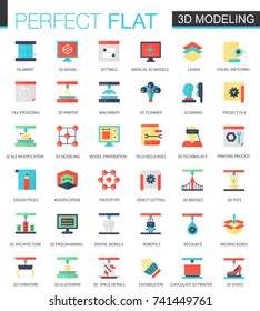 Vector set of flat 3d printing and modeling icons.
